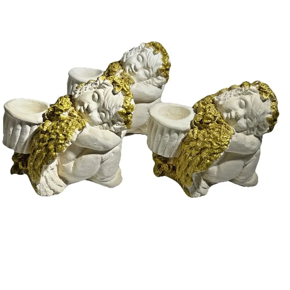 Pier 1 Vintage Cast Art Cherub Angel Candle Holders - Lot of 3 - White+Gold Tone